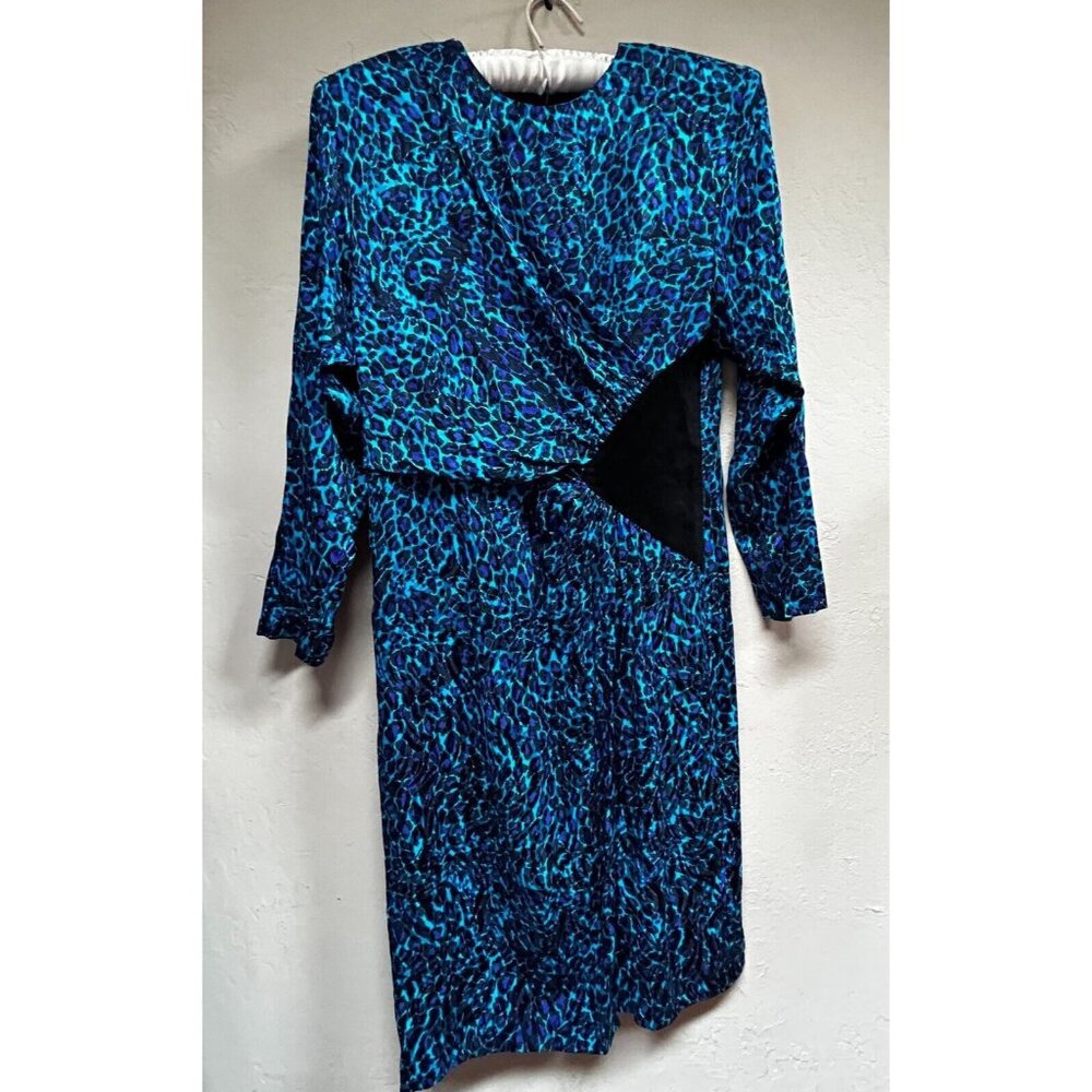 Vintage 80s St. Gillian 100% Silk Animal Print Dress with Black Suede Waist